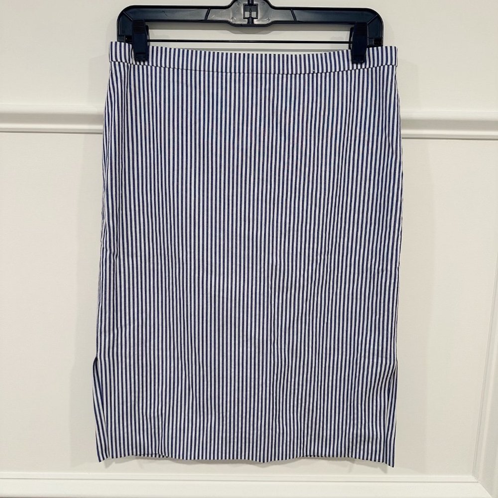 J. Crew Cotton Pencil Skirt Striped Blue Seersucker with Side Slits. Size 4